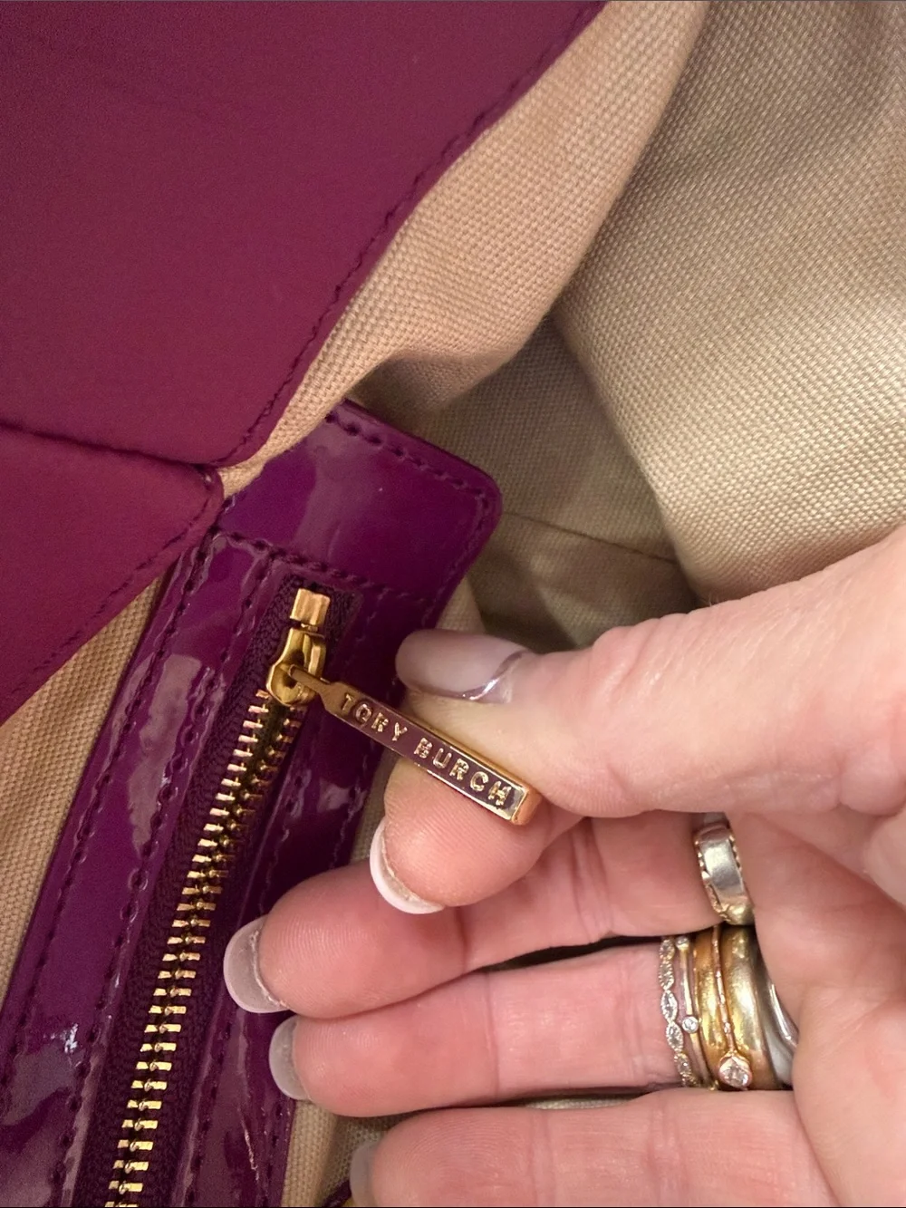 Tory Burch Fuchsia Pink Patent Leather Strap and Logo with Coated Canvas Tote